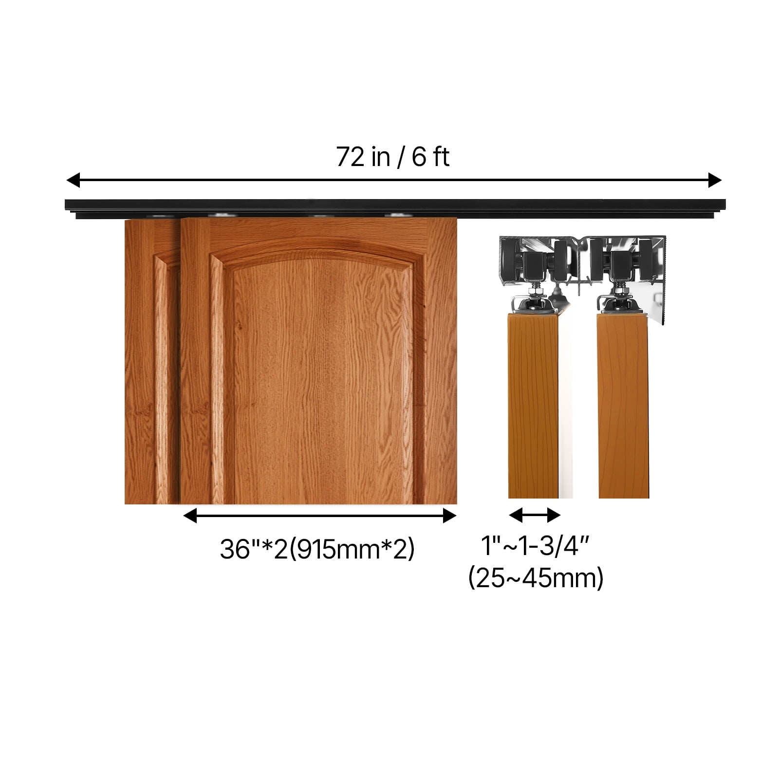 KFFKFF 6 ft Aluminum Alloy Bypass Sliding Door Hardware Kit, Dual-Track System for Smooth and Quiet Operation, Compatible with 1" to 1 3/4" Thick Doors, Fits 36" Wide 2-Door Closets,Easy Installation