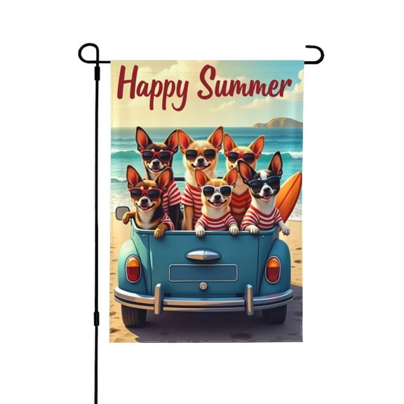 Happy Summer Beach Dogs Garden Flag 12x18 Inch Double Sided Summer Beach Dogs Yard Flag Cute Chihuahuas In Car Outdoor Decor Seasonal Farmhouse Patio Banner