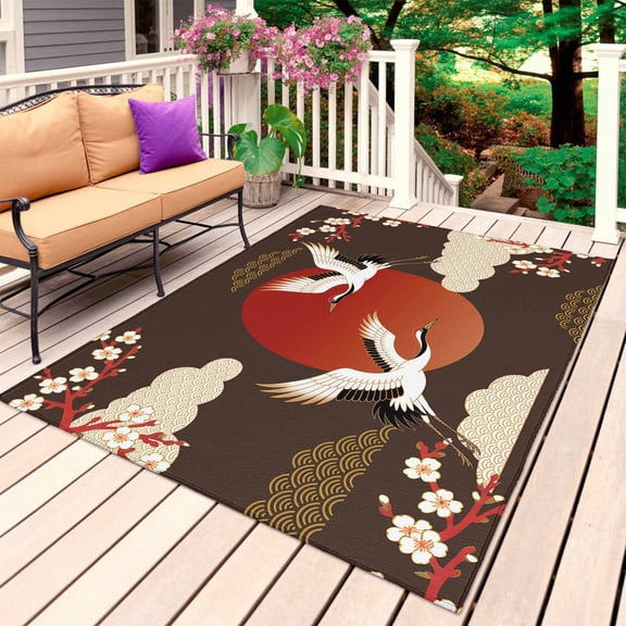 Japanese Style Outdoor Rug 3x5 Ft, Non Slip Washable Area Rug, Modern Cranes Cherry Flower Wave Brown Patio Rugs Carpet Runner, Large Floor Mat for Indoor/Outdoor Deck Porch Camping