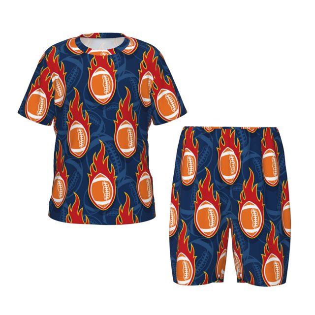 Cauagu Football Américain et Flammes de Feu pour Enfants Ensemble de Pyjamas à Manches Courtes, Ensemble d'Été pour Enfants Col Rond Pjs Ensemble 2 Pcs Parfait pour Petits Garçons Filles-Petit