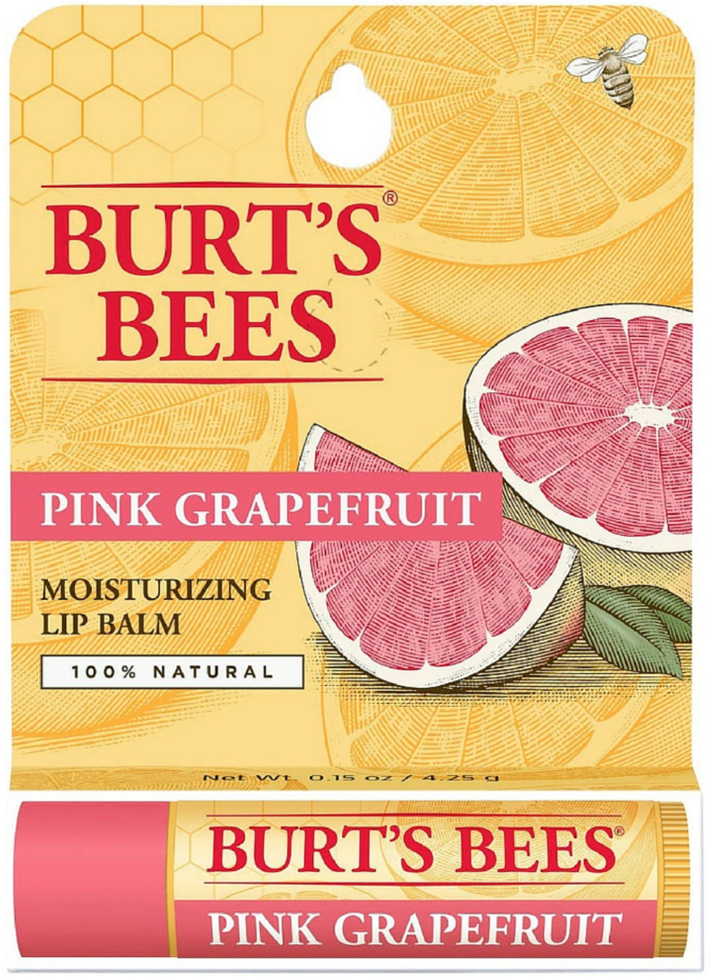 4 Pack Burt's Bees Pink Grapefruit, Moisturizing Lip Balm 0.15 oz by