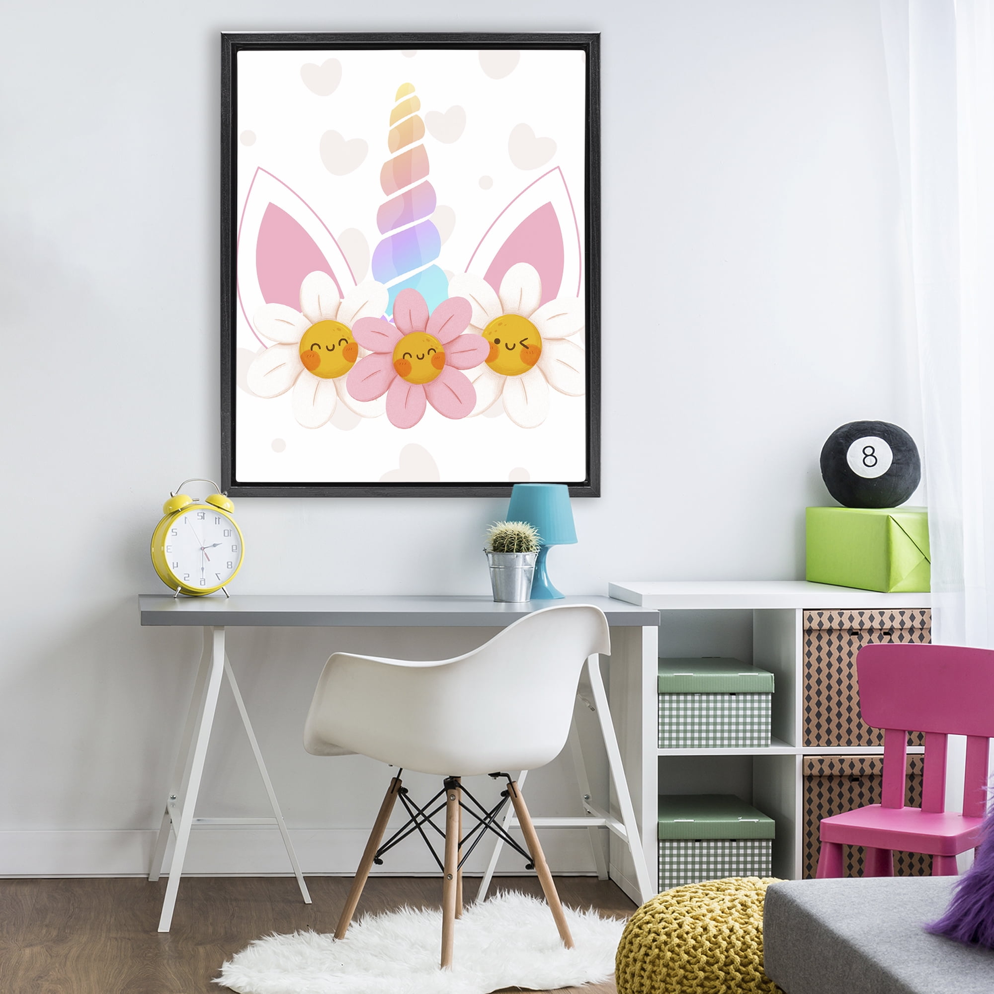 Daisy Unicorn with Hearts Black Framed Floater Canvas Wall Art, design by Jesse Keith