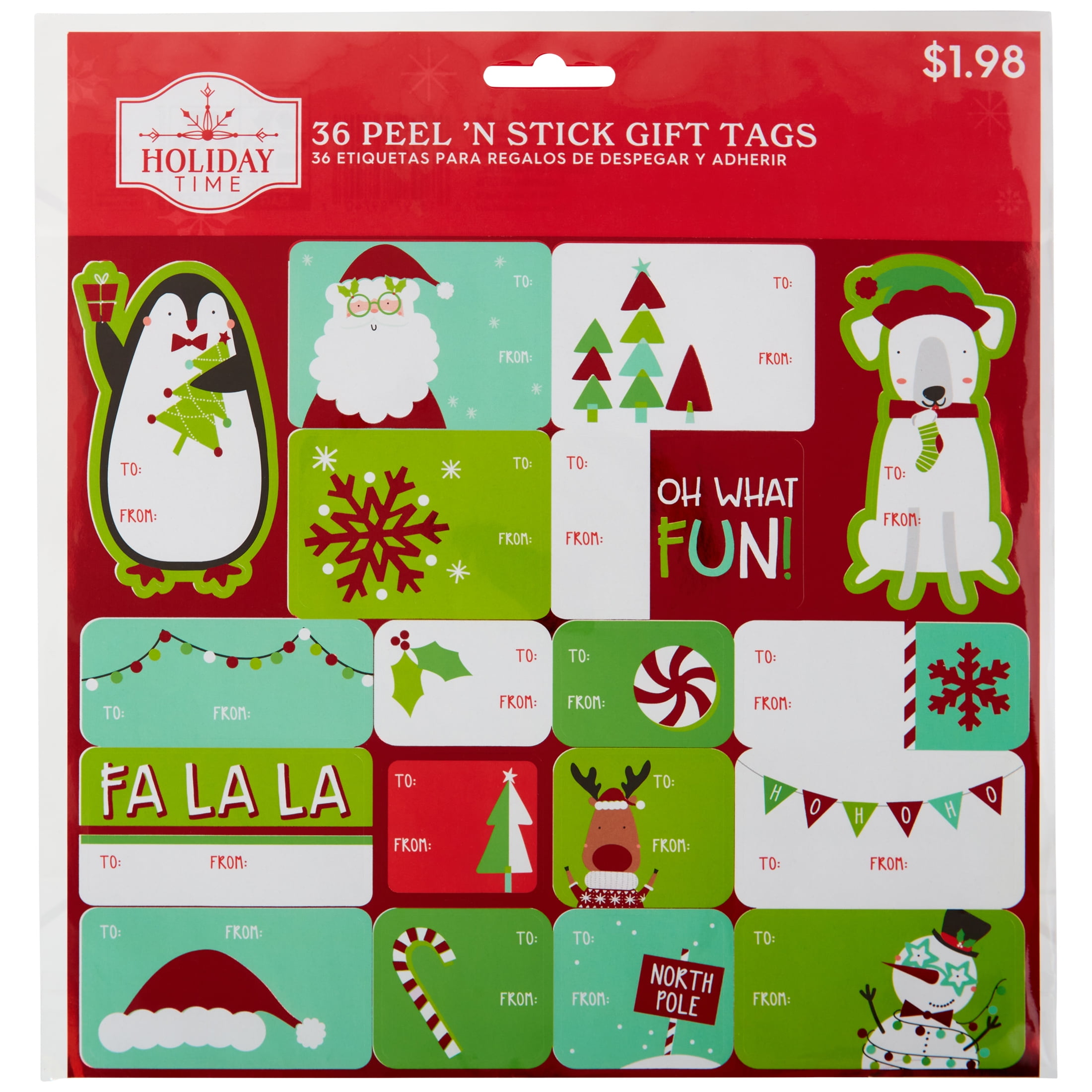 Holiday Time Christmas Peel 'N Stick Gift Tags, Whimsical, Multi-Colored Gift Labels, Self Stick, 36 Count