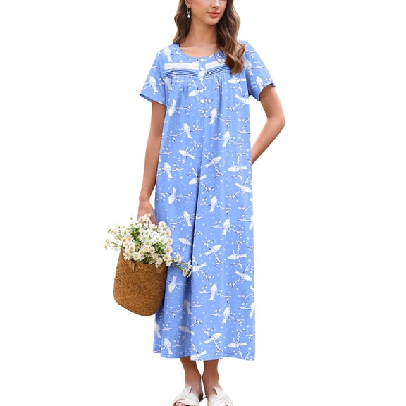 Ekouaer Nightgown for Women Cotton Long Night Gown Short Sleeve Nightdress with Pockets Button Sleepshirt Soft Sleepwear