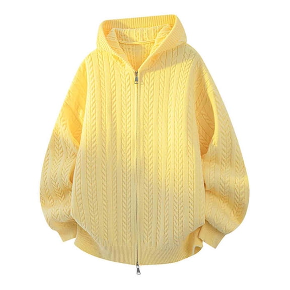PiGOGI Men's Winter Jacket Knitted Sweater Cardigan Two Way Zipper Hooded Long Sleeve Casual Warm Outwear Fleece Yellow XL