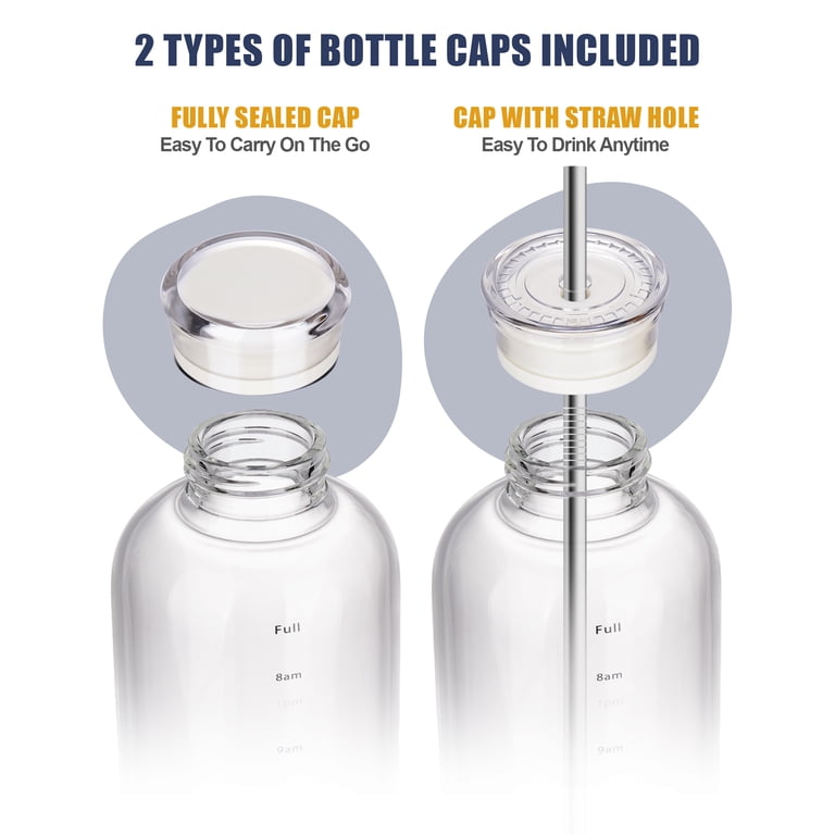 Nihome 25oz/750ml Clear Glass Water Bottle with 2 Caps & Stainless-Steel Straw, Temperature Resistant Durable High Borosilicate Glass Drinkware with