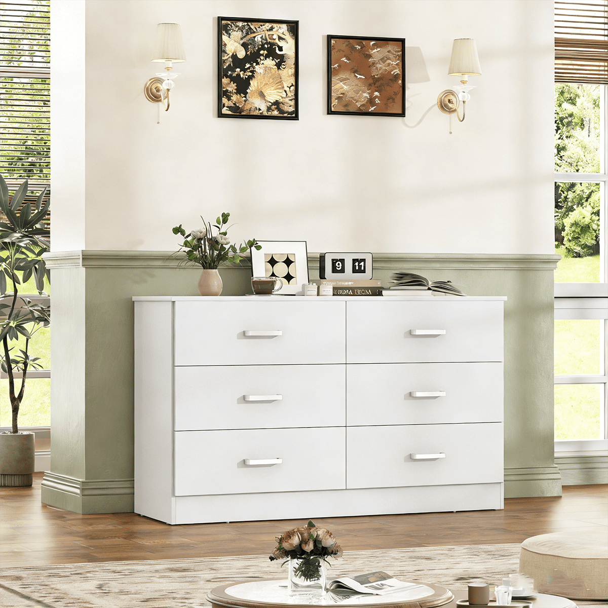 Winkalon White Dresser for Bedroom, 6 Drawer Dresser Chest of Drawers, Wood Dressers for Closet, Wide Modern Dressers for Living Room, Hallway, Entryway, TV Stand, White