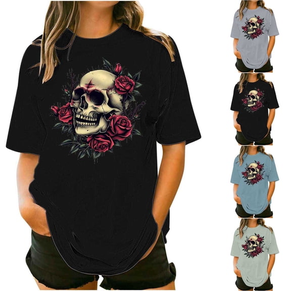 FNFYFH Plus Size Graphic Tees for Women Short Sleeve Crewneck Shirt Oversized Skulls Flowers Rockers T-Shirt