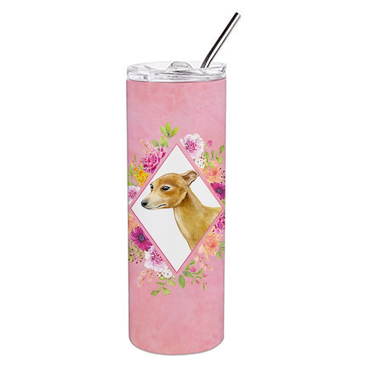 Fawn French Bulldog Pink Flowers Double Walled Stainless  French Bulldog Fawn #3 Stainless Steel 20 oz Skinny Tumbler, Pink main image 0