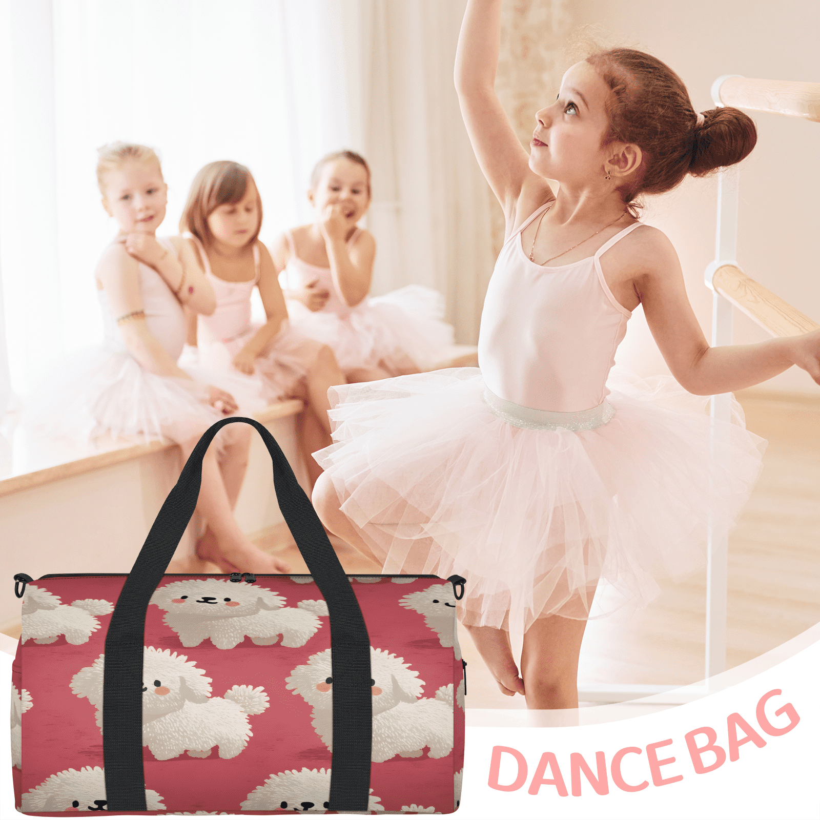 Herdesigns Cute Dog Gym Bag for Women, Duffle Bag for Travel Sport, White Puppy Lightweight Waterproof Carry on Weekender Dance Yoga Workout Bags
