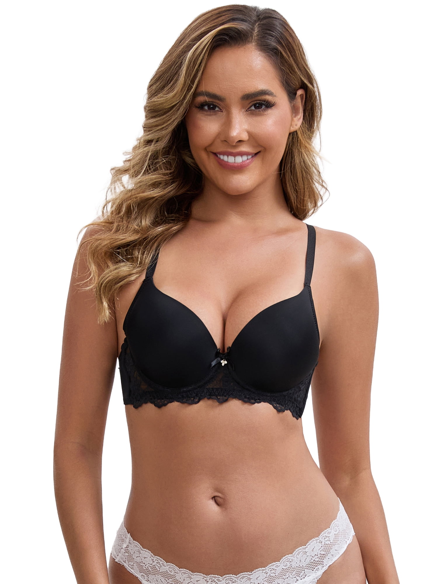 DARING DIVA Lace Plunge Push Up Underwired Bra Adjustable Straps 38B Black
