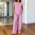thumbnail image 2 of hoksml Women's Polka Dot 2 Piece Outfit, V Neck Cap Sleeve Top and Elastic Waist Wide Leg Pants Casual Lounge Set, 2 of 6