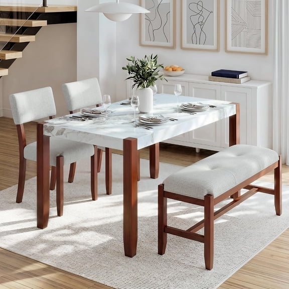 LJAN 4 Piece Dining Table Set, Faux Marble Table and 2 Upholstered Chairs&1 Bench,for Kitchen, Dining Room, Space-Saving