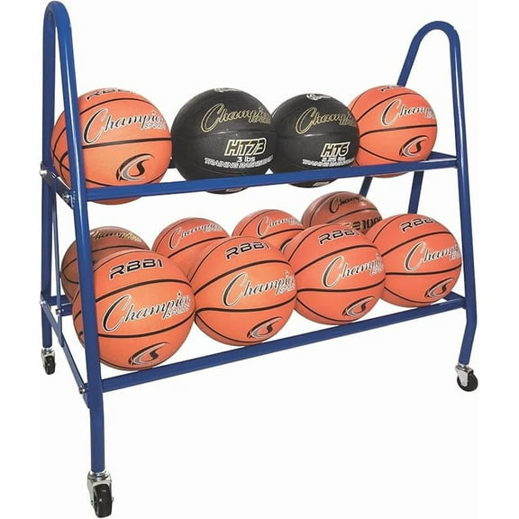 Champion Sports Two Tier Basketball Storage Rack Cart with Swivel Caster Wheels, 12 Ball Capacity (Blue)
