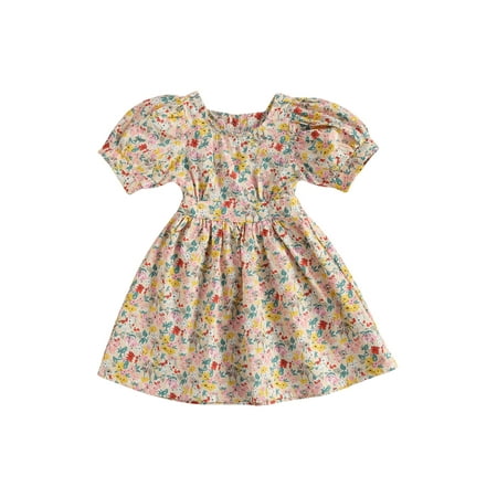 

EYIIYE Little Girls Summer Dress Cute Short Puff Sleeve Crewneck Floral Print Cutout Back Dress