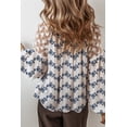 thumbnail image 2 of Women's Blue Lace Patchwork Floral Bubble Sleeve Blouse with V Split Neck | [ZhiHiMeRi] | L, 2 of 5