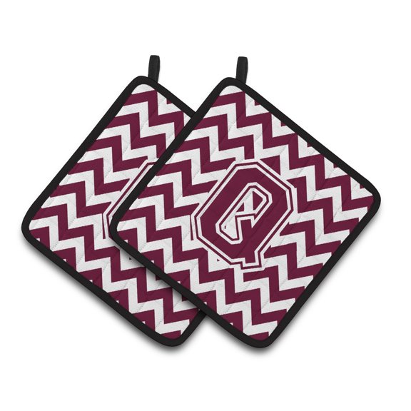Letter Q Chevron Maroon and White Pair of Pot Holders