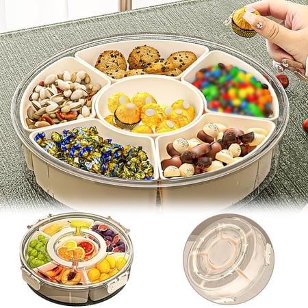 45L Sealed Rotating Vegetable Fruit Tray With Lid Handle Portable Clear 360 Rotatable Divided Serving Snack Candy Organizer Storage