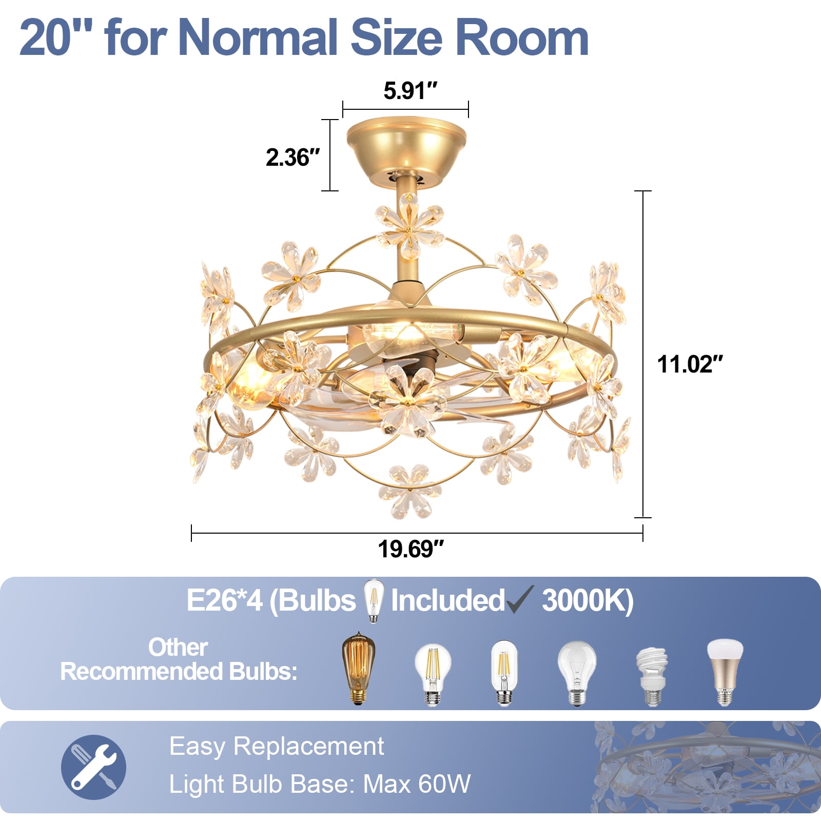 20" Gold Chandelier Ceiling Fan with Lights - Remote/APP Control, 4 LED Bulbs Included, 6-Speed DC Motor for Bedroom Living Room