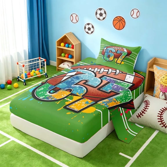 Manfei Boys Rugby Twin Sheets, Sport Bedding, Green Multicolor 3-Piece(1 Flat Sheet, 1 Fitted Sheet and 1 Pillowcase)