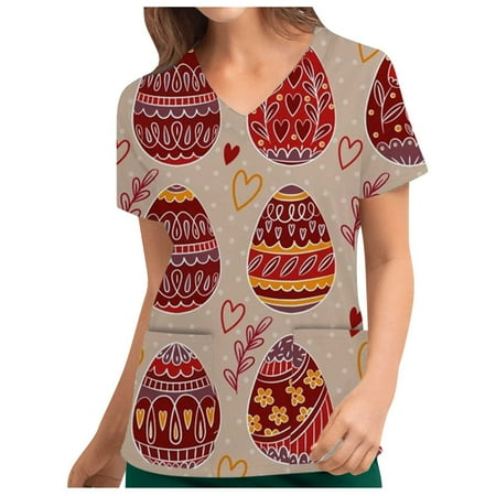 

Shldybc Women Nursing Scrub Tops Easter Egg Bunny Print Working Uniform Short Sleeve V Neck Workwear Blouse T-shirt with Pockets