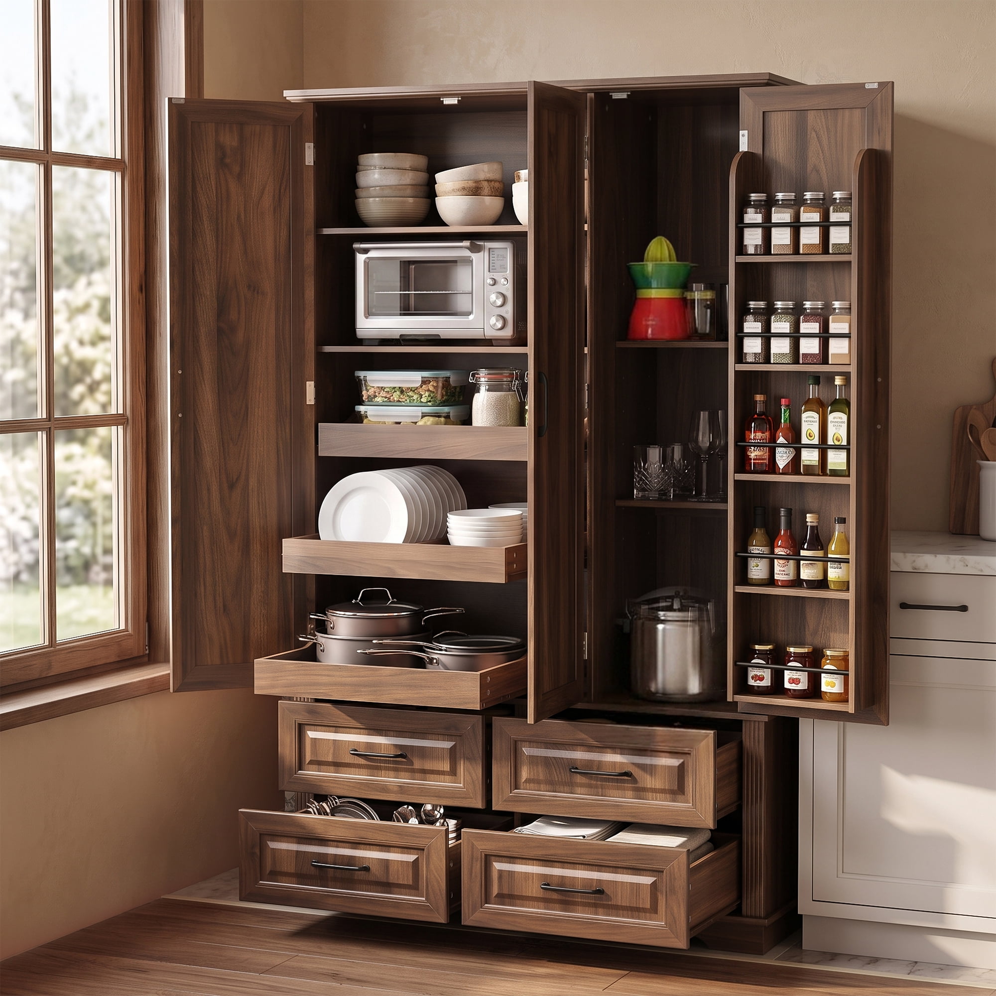 GARITIN 72 Inch Kitchen Pantry Cabinet with 3 Pull Out Trays, Farmhouse Embossed Wood Grain Storage Cabinet with 5 Door Racks, Freestanding Cupboard for Kitchen Dining Room, Walnut Brown