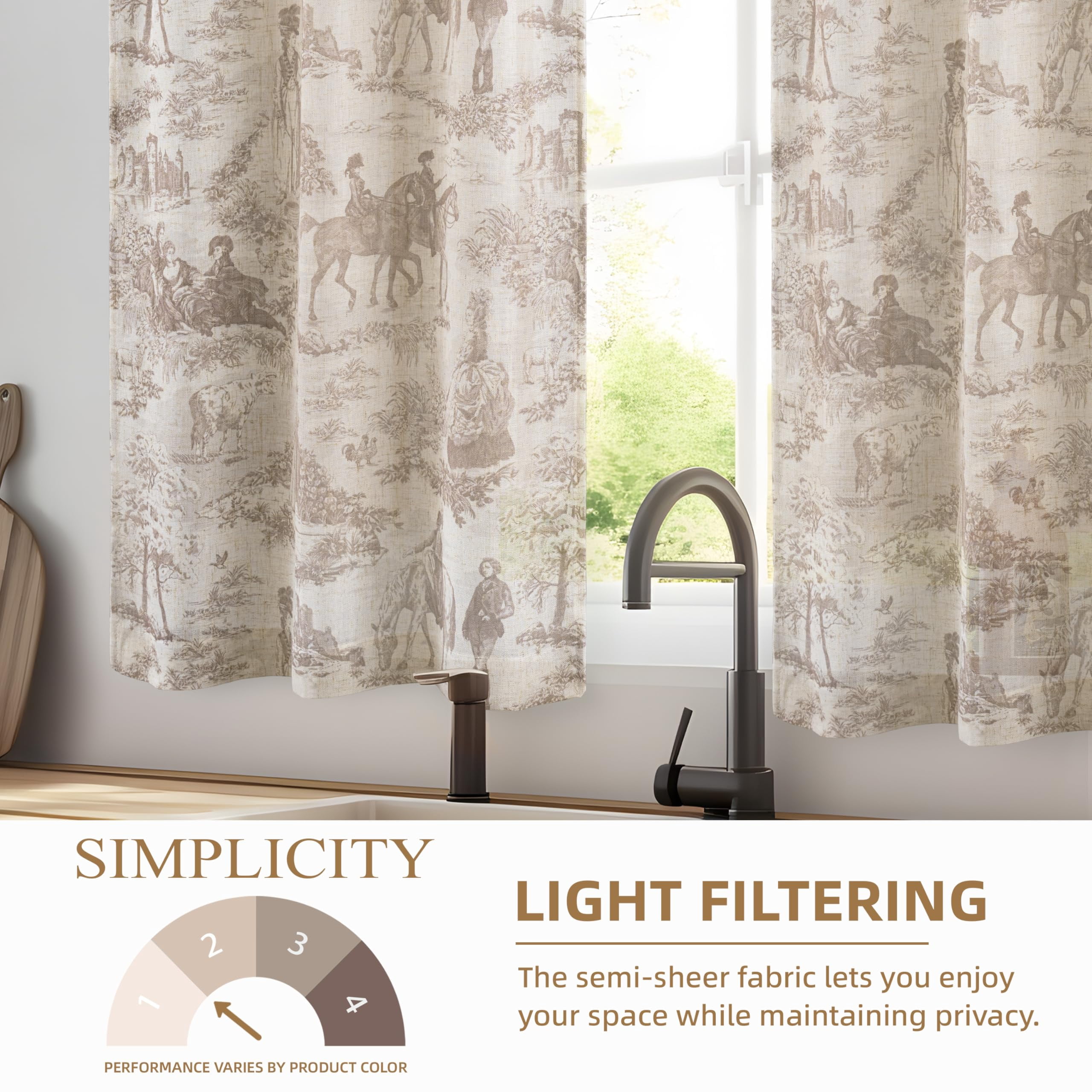 DriftAway Kitchen Curtains Toile Tier Linen Short Curtains Cafe 45 Inch Length for Living Room Bathroom Farmhouse French Country Vintage Printed Pattern Rod Pocket 2 Panels Beige