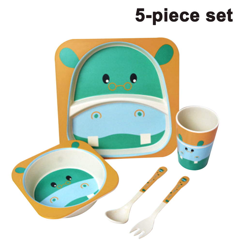 Children 5 Piece Eco Friendly Bamboo Dinner Set Plate Bowl Cup Fork & Spoon 