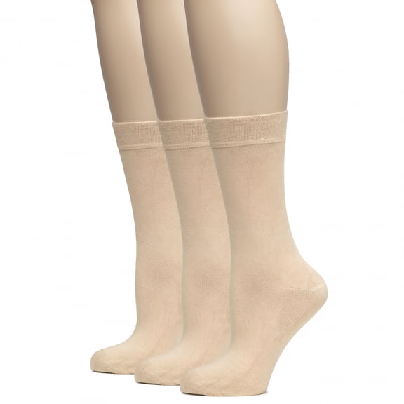 TELOLY Women's Bamboo Crew Socks, Soft Breathable Dress Socks for Trouser, Thin Seamless Toe & Non-Binding Cuff, 3 Pairs Beige Shoe Size 5-8