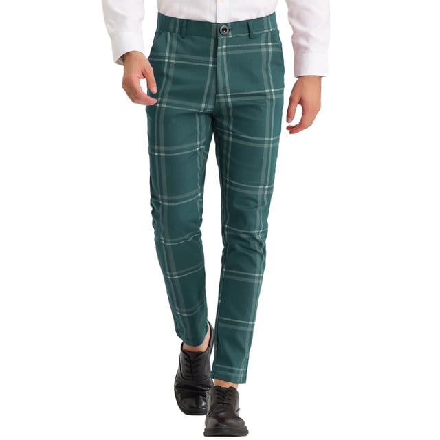 INSPIRE CHIC Men's Dress Plaid Slim Fit Flat Front Prom Checked Trousers 32 Green