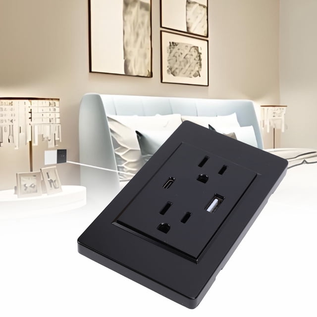 Toma De Corriente, Salidas Duales De 3 Clavijas Y Puertos De Carga USB Tipo C, Panel De 118 Receptáculos, Negro, 15 A