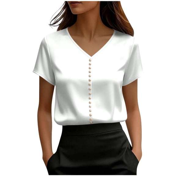 Posijego Womens Satin Tops Silk Short Sleeve V Neck Blouses Elegant Party Going out Blouse Women's Summer Tunic Tops
