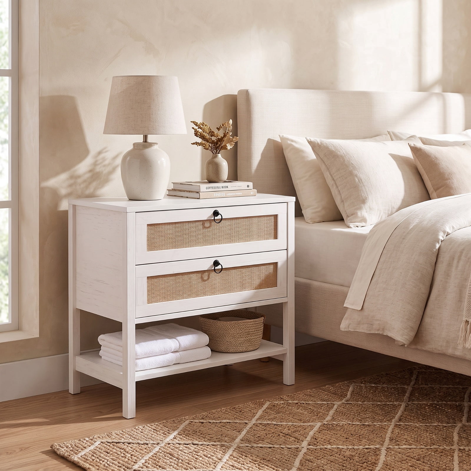 Furnibear Boho Rattan Nightstand with 2 Drawers and Bottom Open Shelf for Bedroom Living Room Bedside Sofa Side Small Space, White