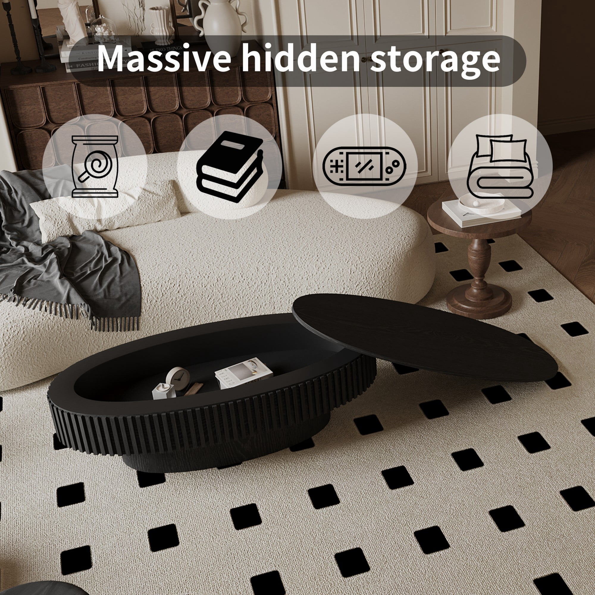 47" Oval Coffee Table with Storage, Fluted Modern Coffee Table with Hidden Storage, Wood Veneer Center Table for Living Room, Black