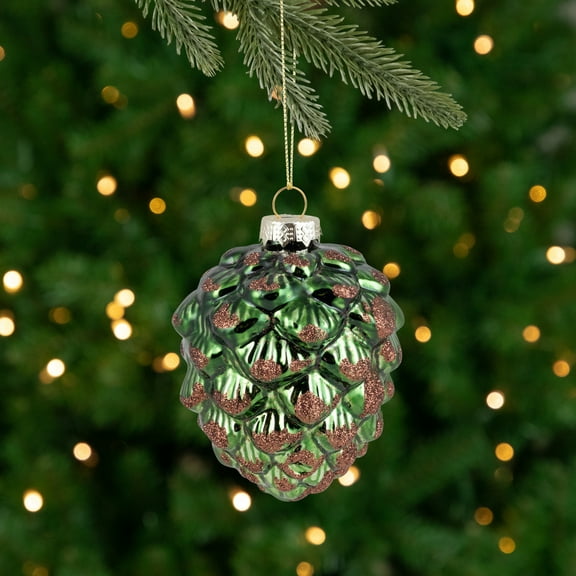 Northlight Pine Cone with Glitter Glass Christmas Ornament - 4.5" - Green and Brown
