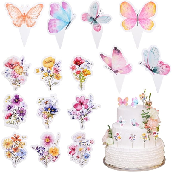 Cupcake Toppers, Wildflower Butterfly Theme Birthday Decoration Set Floral Birthday Party Cake Decor for Bridal and Baby Shower Decor