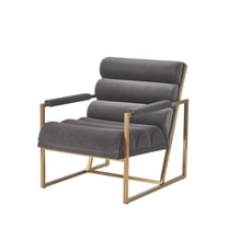 Cid Dave 27 Inch Accent Chair- Tufted Gray Velvet- Square Steel Legs- Brass