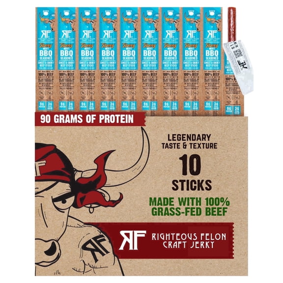 Righteous Felon Grass-Fed Meat Sticks - Low Sugar, High Protein Beef - Honey Heist BBQ, 10 pack