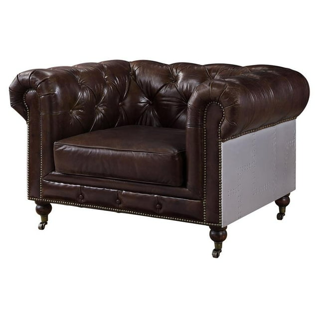 ACME Aberdeen Button Tufted Top Grain Leather Chair in Vintage Brown