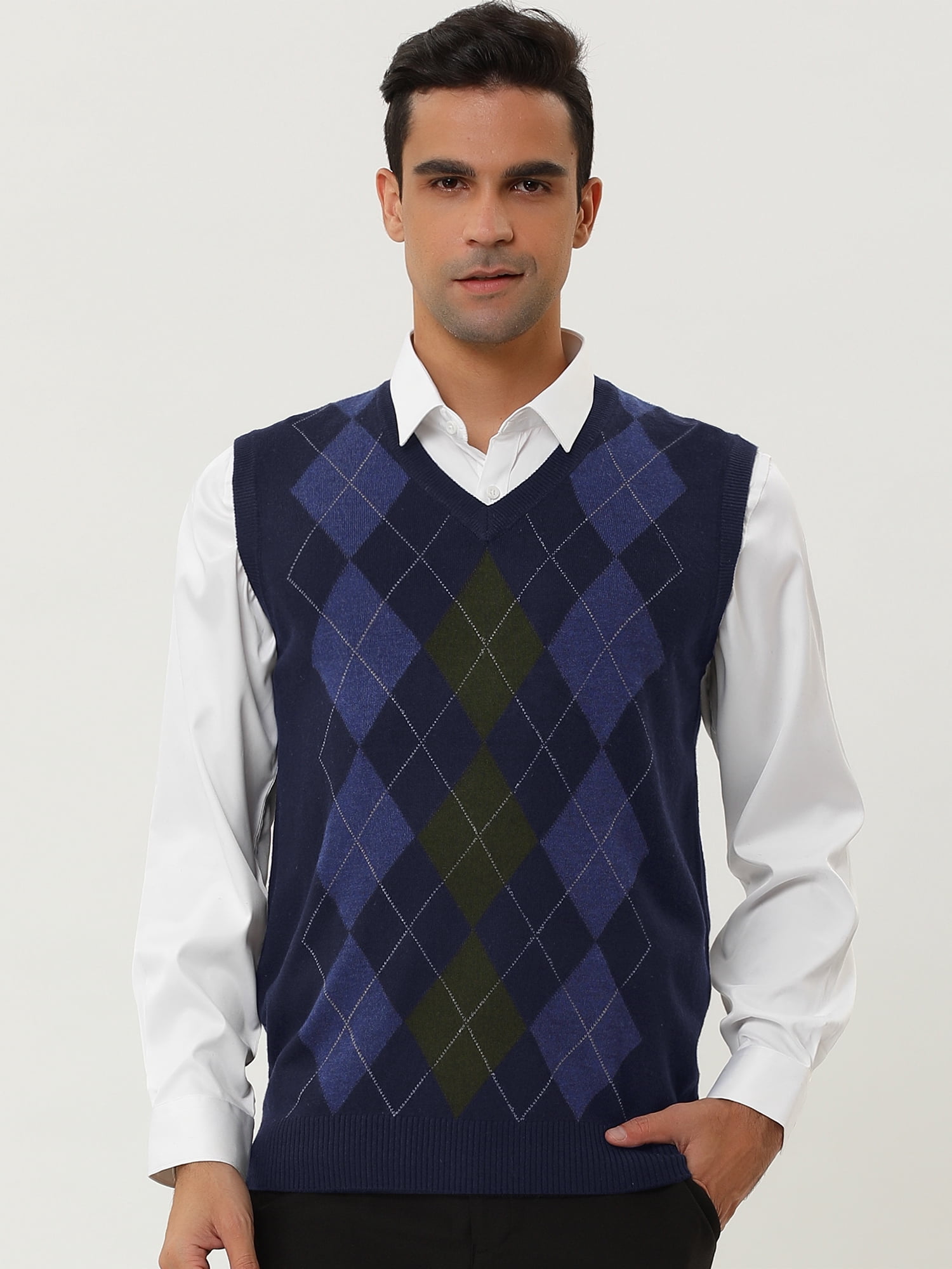 Unique Bargains Men's Argyle V Neck Slim Fit Sleeveless Knit Pullover Sweater Vests M Navy