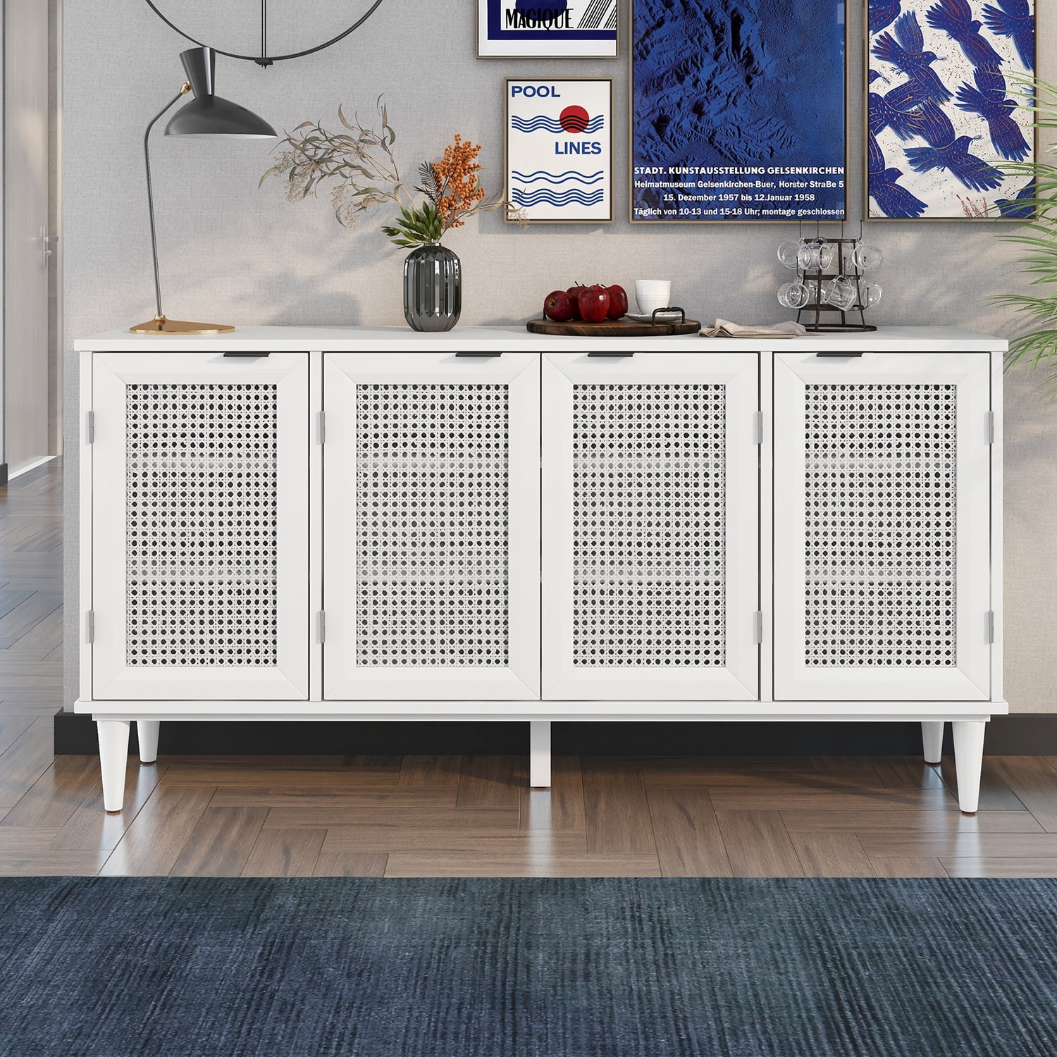 Kadyn Large Storage Space Sideboard, Floor Storage Cabinet for Living Room, Storage Sideboard Buffet Cabinet with Artificial Rattan Door, White