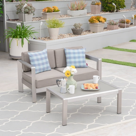 Trevor Outdoor Aluminum Loveseat and Tempered Glass-Topped Coffee Table, Silver, Khaki