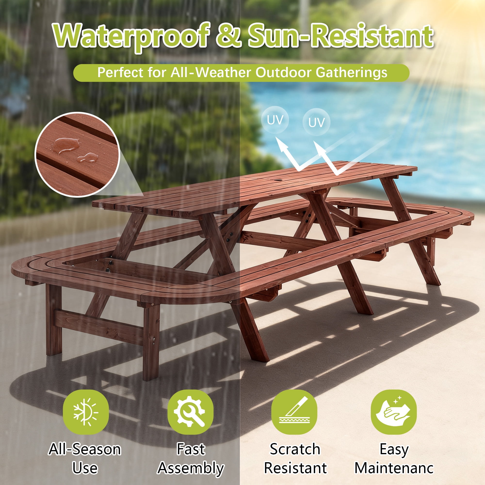 Wooden Picnic Table Bench Set for 14-16 Persons,Large Outdoor Rectangle Picnic Table with Umbrella Hole for Patio,Garden,Backyard