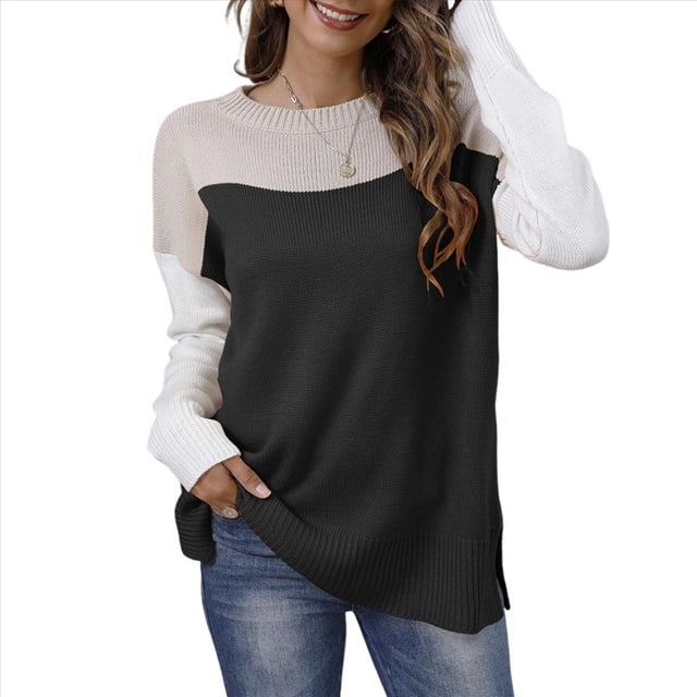 Suéter Oversize con Bloques de Color para Mujer: Cuello Redondo, Punto Acanalado, Hombros Caídos, Larga Negro XL