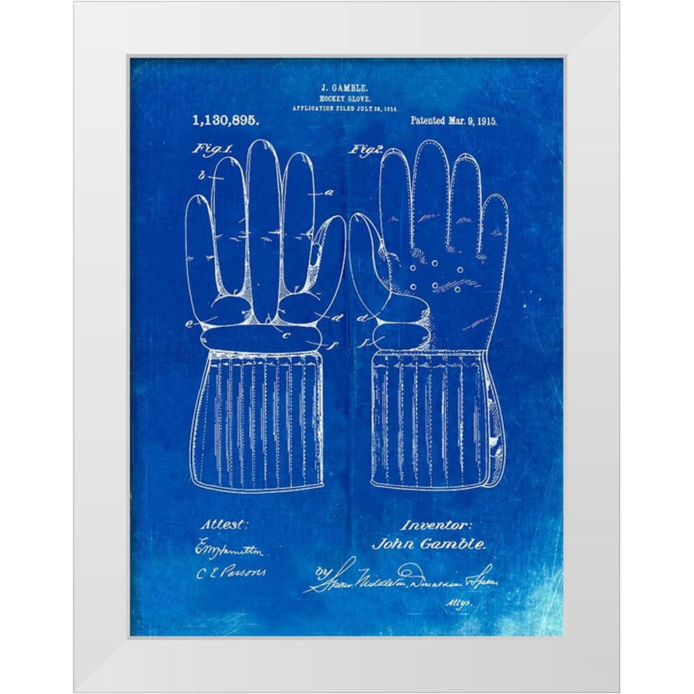 Borders Cole 12x14 White Modern Wood Framed Museum Art Print Titled - PP292-Faded Blueprint Vintage Hockey Glove Patent Poster