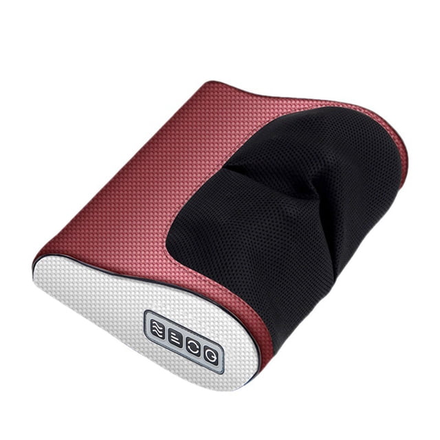 Shiatsu Foot Massager Back and Shiatsu Neck massager designed as a compact, portable massage pillow with red PU material and black mesh fabric. Features control buttons for adjustable speeds, bi-directional massage, and heating functionality. Ideal for pain relief in the neck, back, shoulders, legs, and feet, with a 15-minute auto shut-off for safety.