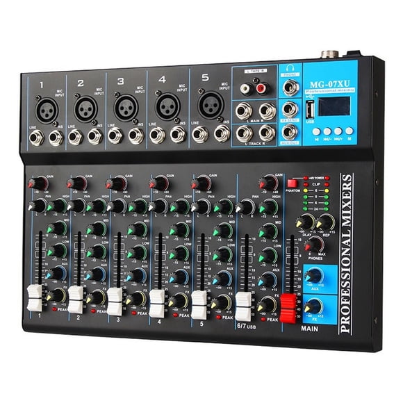 Mezclador de audio profesional de 7 canales con fuente de alimentación de 48 V, reproductor de MP3,