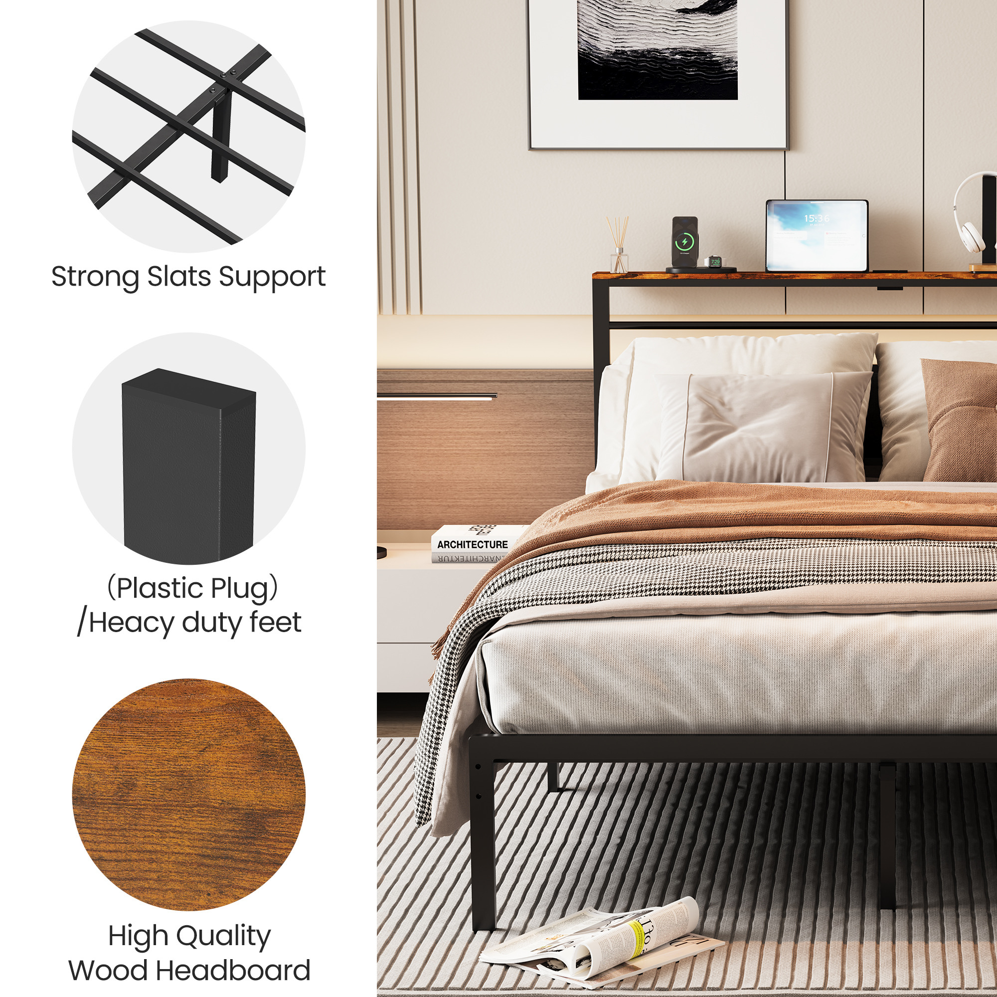 May in Color Queen Bed Frame with Upholstered Headboard, Metal Platform Bed with USB Charging Station, Easy Assembly, No Box Spring Needed