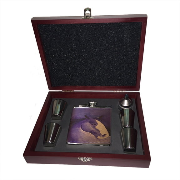 KuzmarK 6 oz. Leather Flask Set in Rose Wood Presentation Box -  Purple Clydesdale Abstract Horse Art by Denise Every