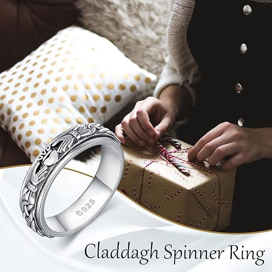 Claddagh Fidget Spinner Rings 925 Sterling Silver Celtic Knot Anxiety Ring Eternity Love Irish Claddagh Jewelry Gifts for Women Men Mom Wife (Size 7)